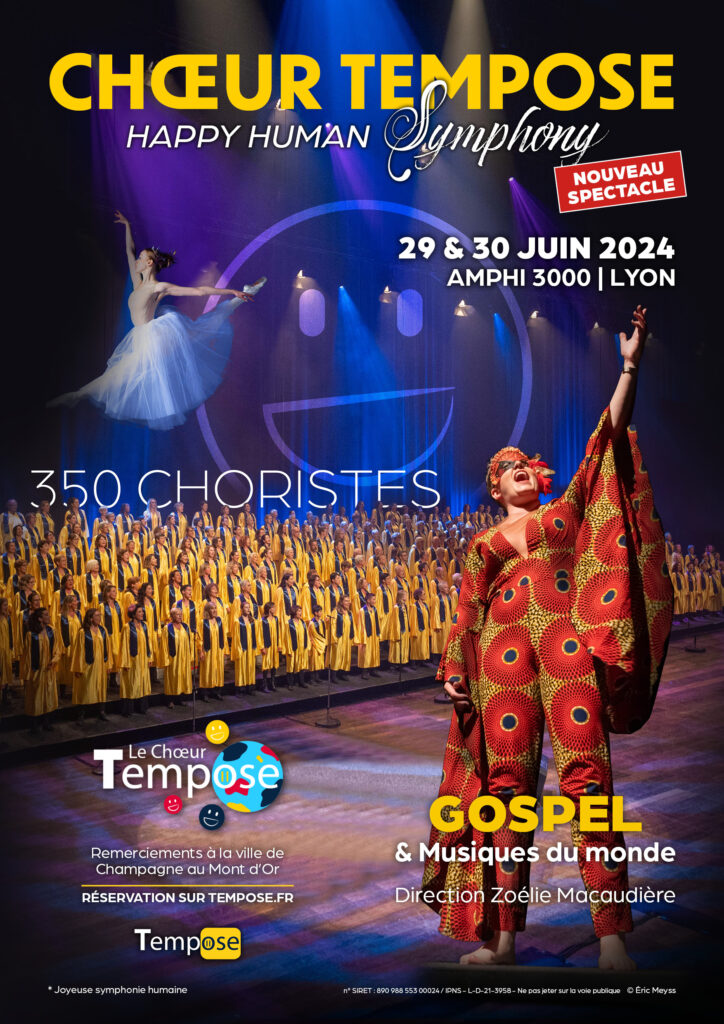 Affiche Chœur Tempose, saison 3, spectacle "Happy Human Symphony" les 29 et 3 juin 2024 à l'Amphi 3000 de Lyon